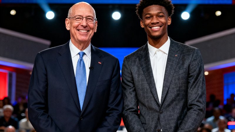 2025年NBA选秀大会现场照片，新秀球员与NBA总裁合影留念