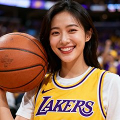 一位手持篮球穿着湖人队球衣的女性球迷头像照片，笑容灿烂